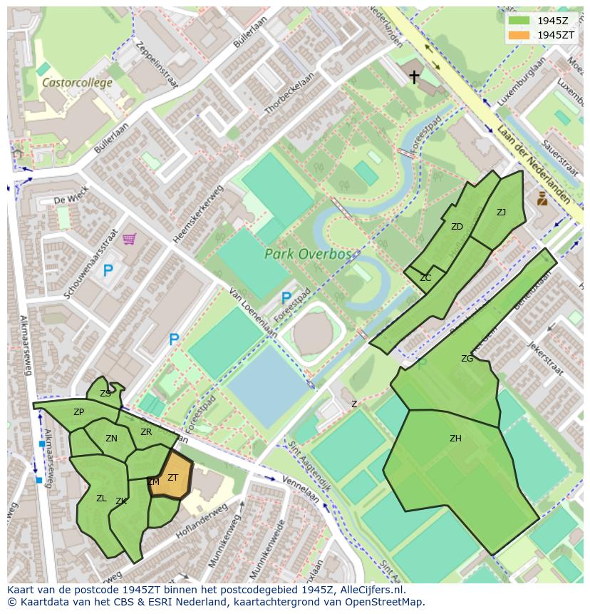 Afbeelding van het postcodegebied 1945 ZT op de kaart.