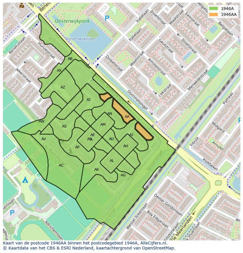 Afbeelding van het postcodegebied 1946 AA op de kaart.