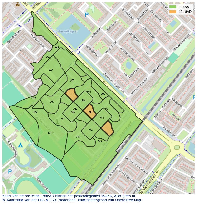 Afbeelding van het postcodegebied 1946 AD op de kaart.