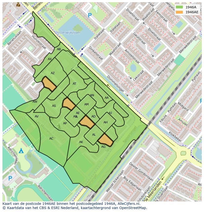 Afbeelding van het postcodegebied 1946 AE op de kaart.