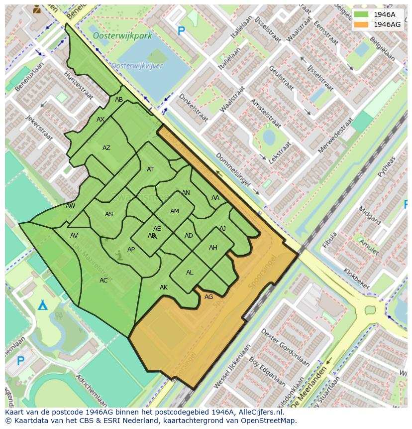 Afbeelding van het postcodegebied 1946 AG op de kaart.