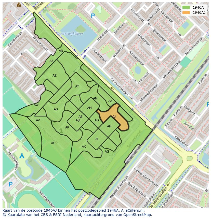 Afbeelding van het postcodegebied 1946 AJ op de kaart.