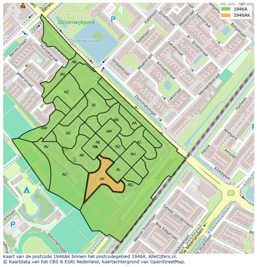 Afbeelding van het postcodegebied 1946 AK op de kaart.