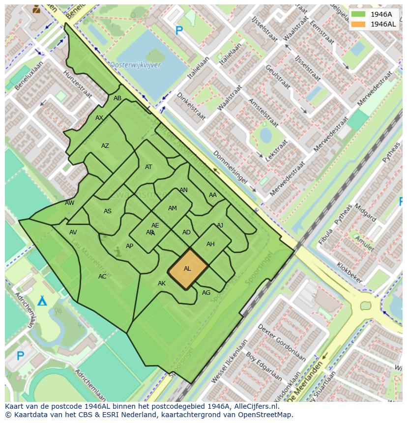 Afbeelding van het postcodegebied 1946 AL op de kaart.
