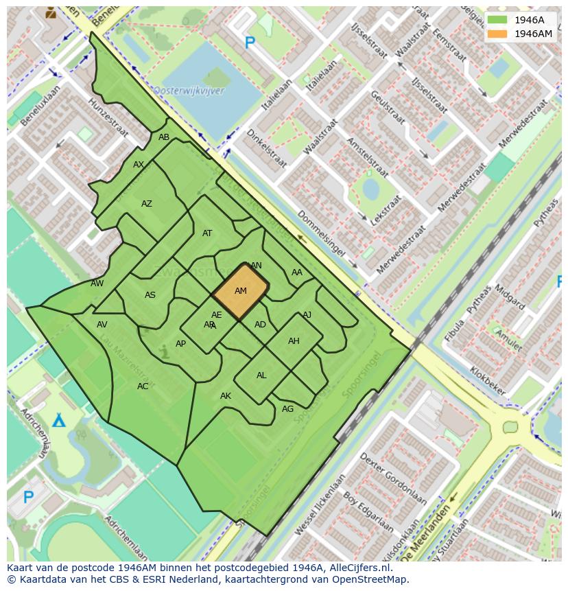 Afbeelding van het postcodegebied 1946 AM op de kaart.