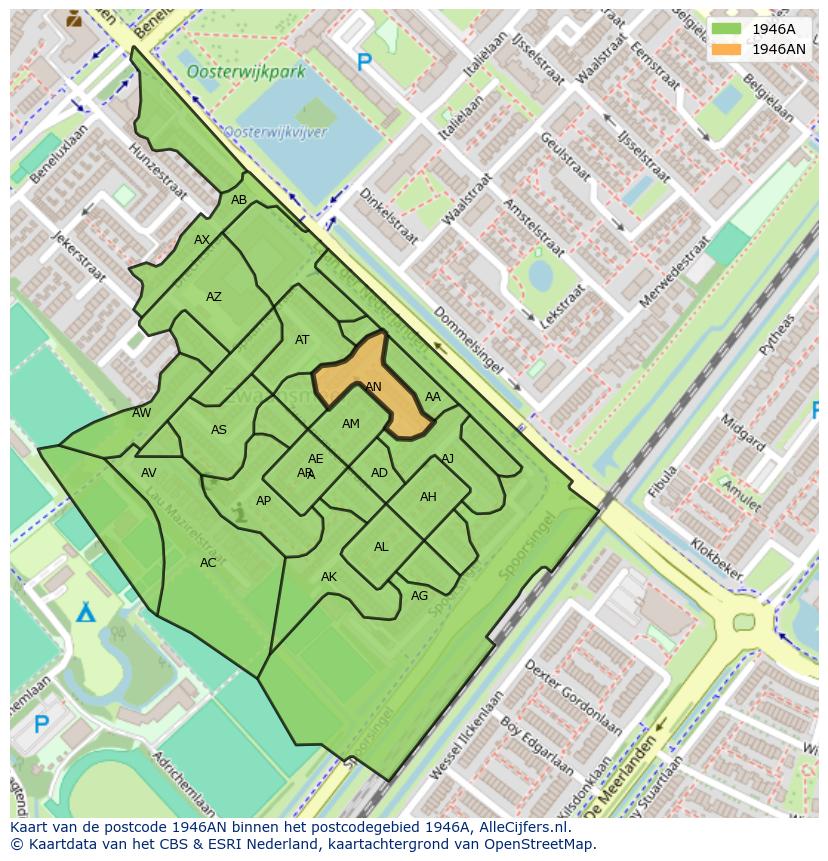 Afbeelding van het postcodegebied 1946 AN op de kaart.