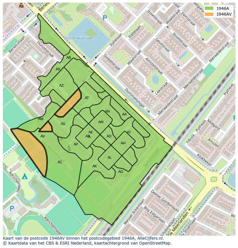 Afbeelding van het postcodegebied 1946 AV op de kaart.