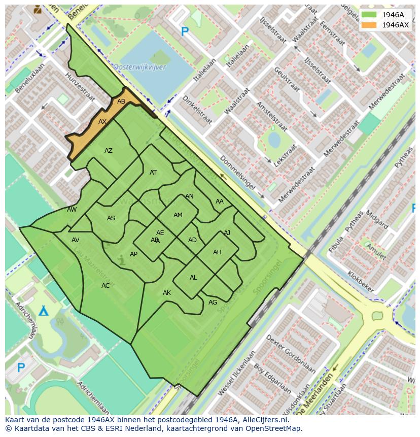 Afbeelding van het postcodegebied 1946 AX op de kaart.