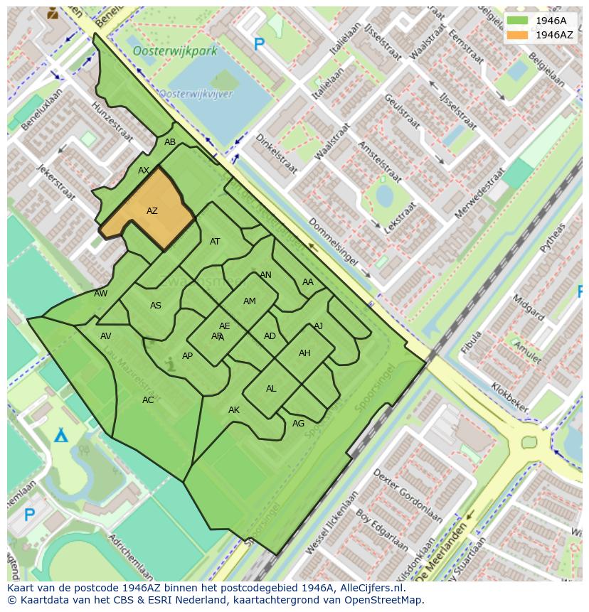 Afbeelding van het postcodegebied 1946 AZ op de kaart.