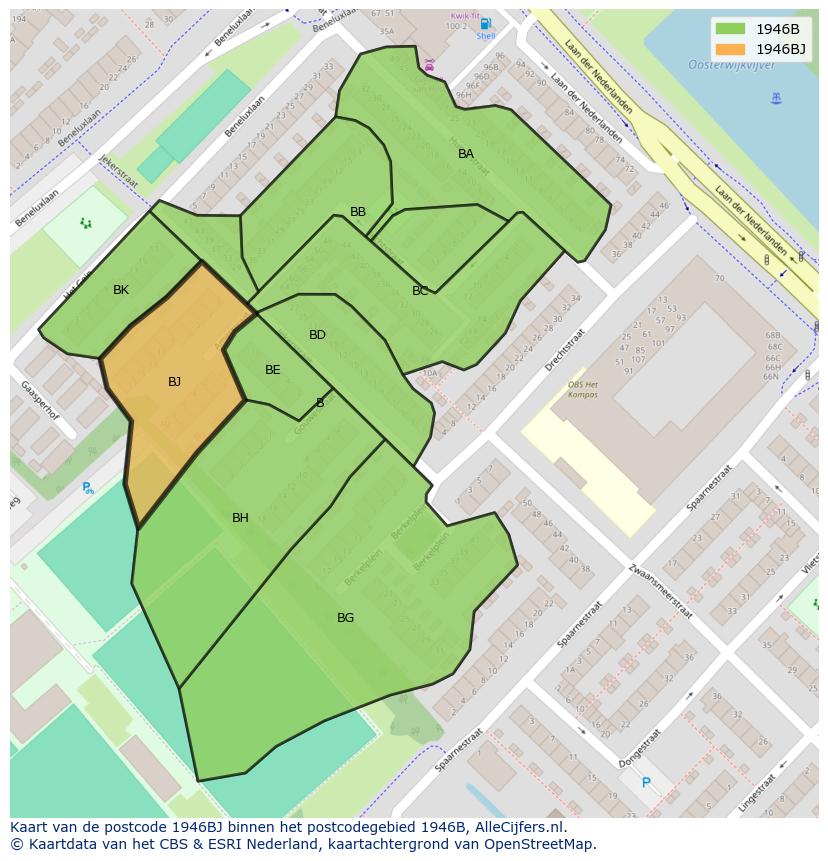 Afbeelding van het postcodegebied 1946 BJ op de kaart.
