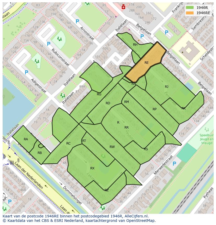 Afbeelding van het postcodegebied 1946 RE op de kaart.