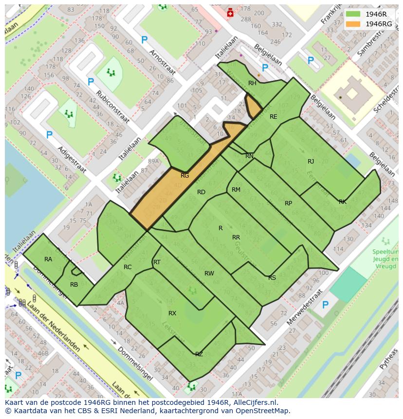 Afbeelding van het postcodegebied 1946 RG op de kaart.