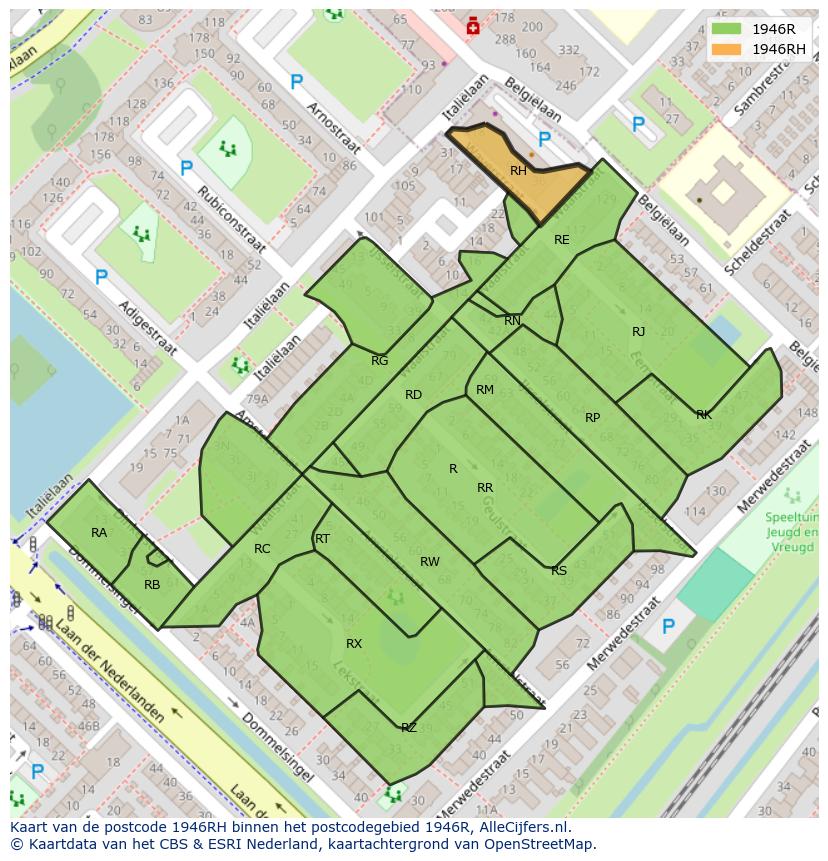 Afbeelding van het postcodegebied 1946 RH op de kaart.