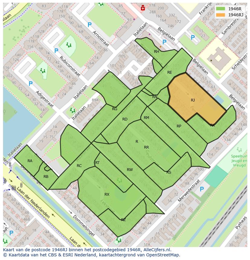 Afbeelding van het postcodegebied 1946 RJ op de kaart.