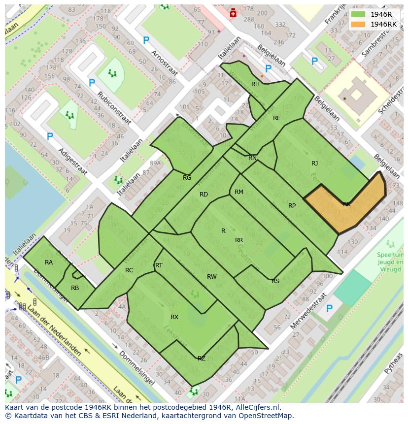 Afbeelding van het postcodegebied 1946 RK op de kaart.