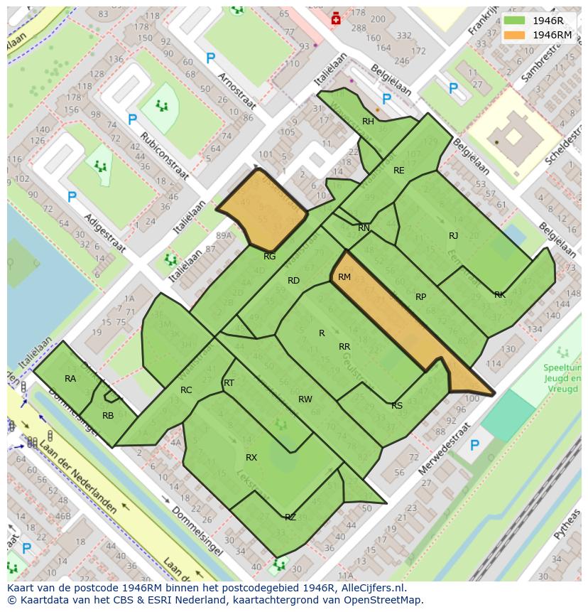 Afbeelding van het postcodegebied 1946 RM op de kaart.