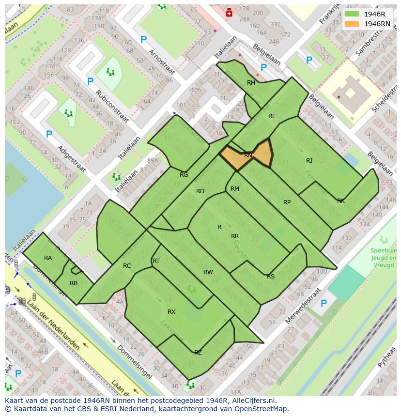 Afbeelding van het postcodegebied 1946 RN op de kaart.