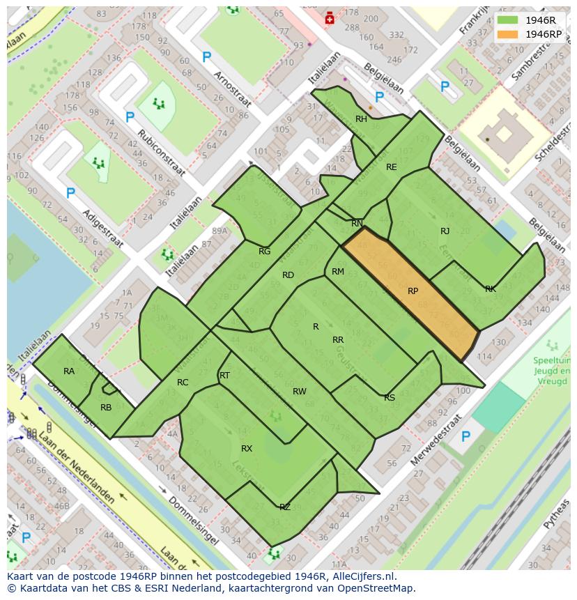 Afbeelding van het postcodegebied 1946 RP op de kaart.