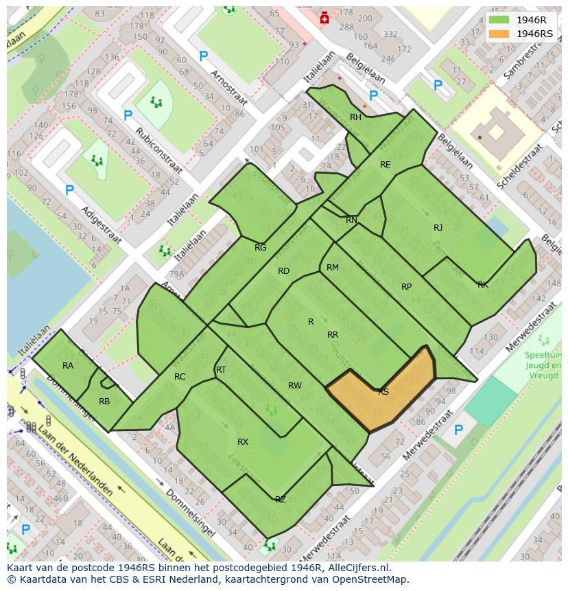 Afbeelding van het postcodegebied 1946 RS op de kaart.