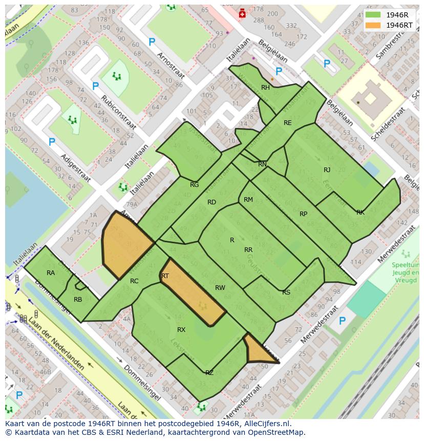 Afbeelding van het postcodegebied 1946 RT op de kaart.