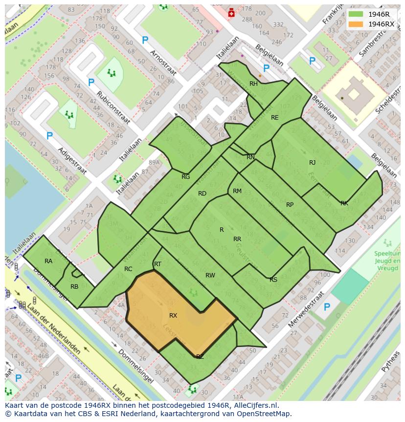 Afbeelding van het postcodegebied 1946 RX op de kaart.