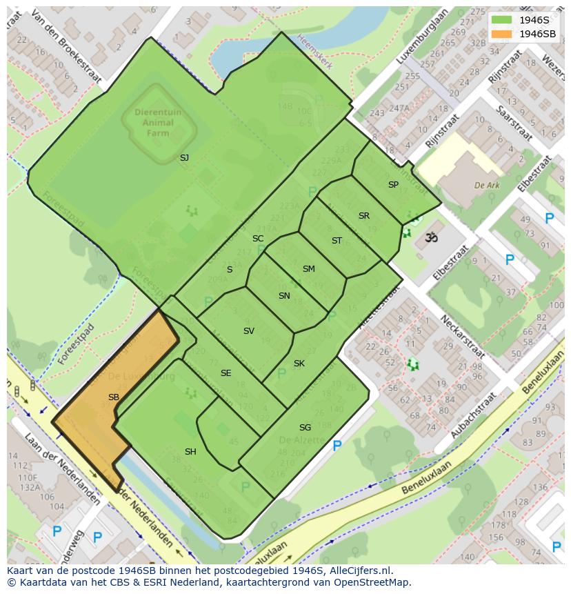 Afbeelding van het postcodegebied 1946 SB op de kaart.