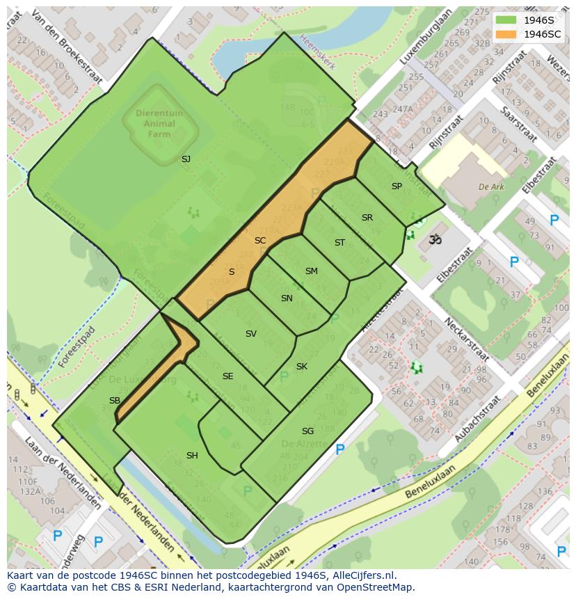 Afbeelding van het postcodegebied 1946 SC op de kaart.