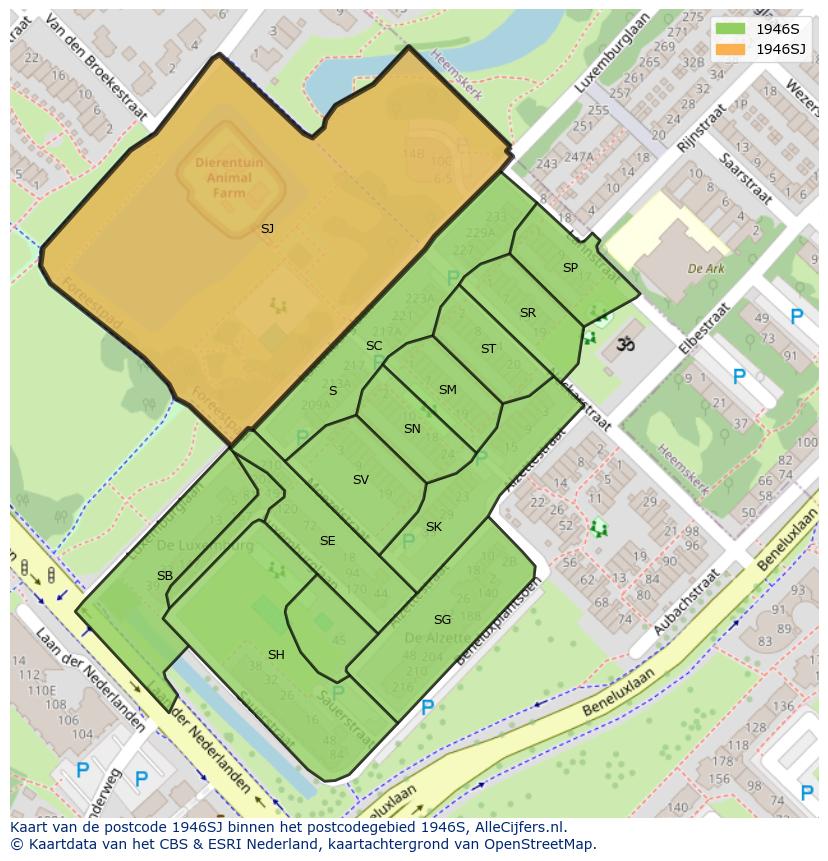Afbeelding van het postcodegebied 1946 SJ op de kaart.