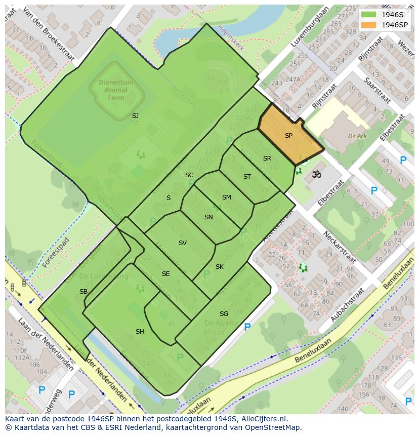 Afbeelding van het postcodegebied 1946 SP op de kaart.