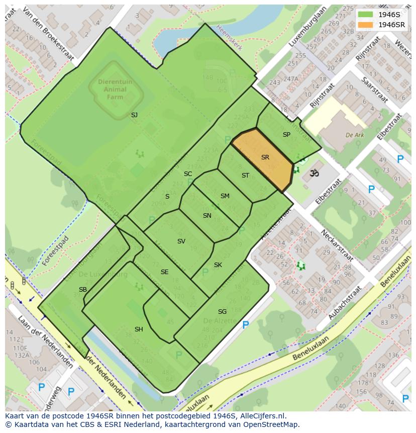 Afbeelding van het postcodegebied 1946 SR op de kaart.