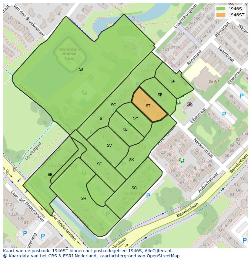 Afbeelding van het postcodegebied 1946 ST op de kaart.