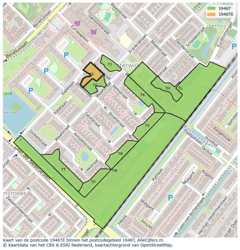 Afbeelding van het postcodegebied 1946 TE op de kaart.