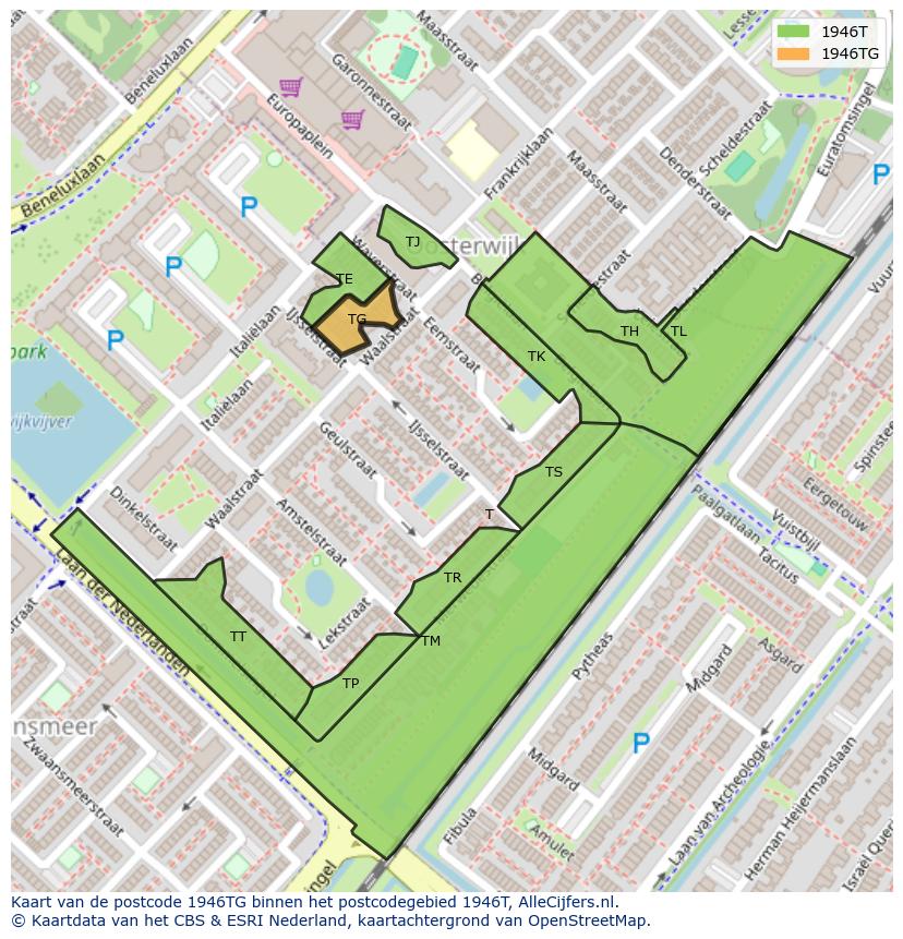 Afbeelding van het postcodegebied 1946 TG op de kaart.