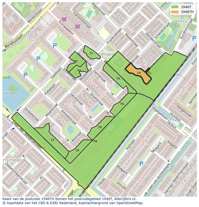 Afbeelding van het postcodegebied 1946 TH op de kaart.
