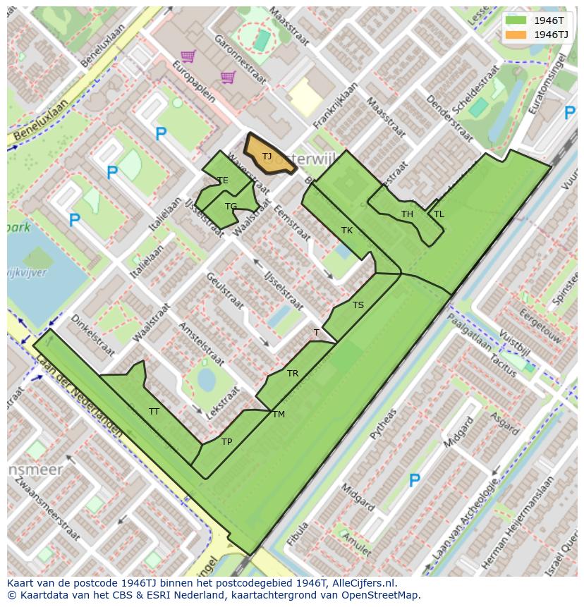 Afbeelding van het postcodegebied 1946 TJ op de kaart.