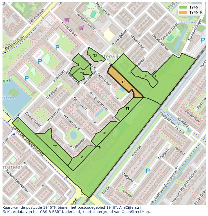 Afbeelding van het postcodegebied 1946 TK op de kaart.