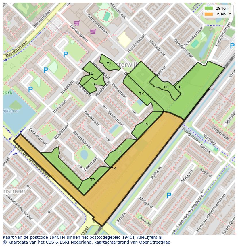 Afbeelding van het postcodegebied 1946 TM op de kaart.
