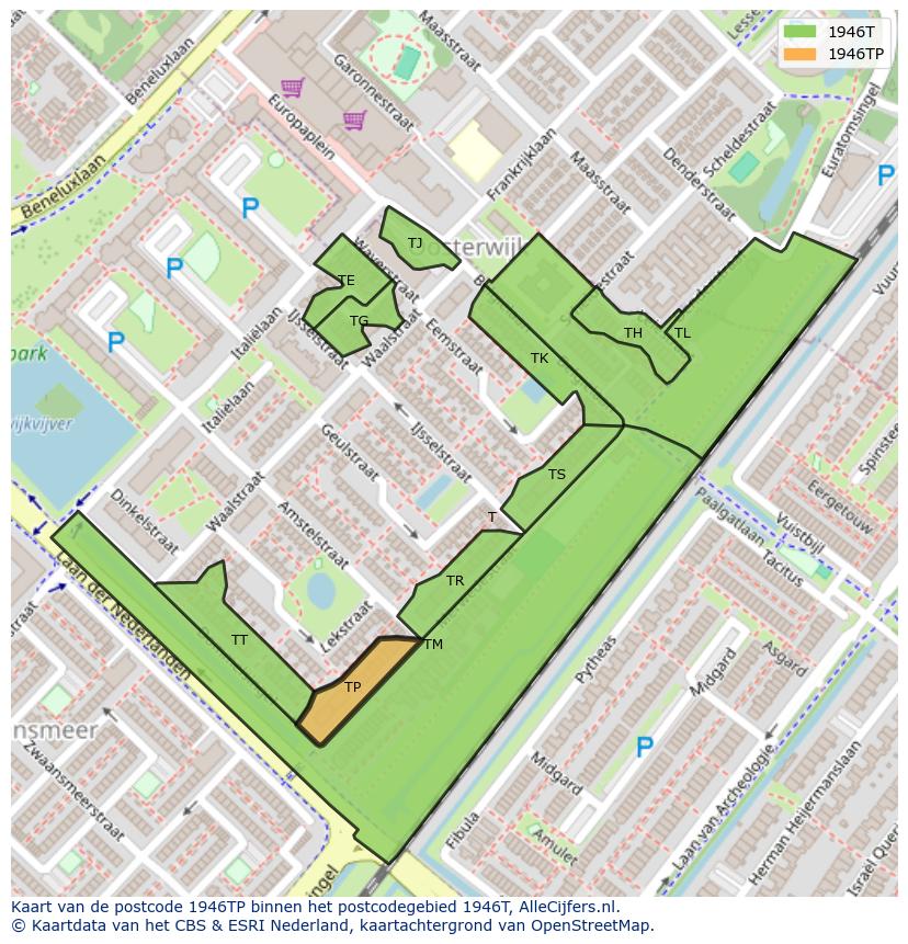 Afbeelding van het postcodegebied 1946 TP op de kaart.