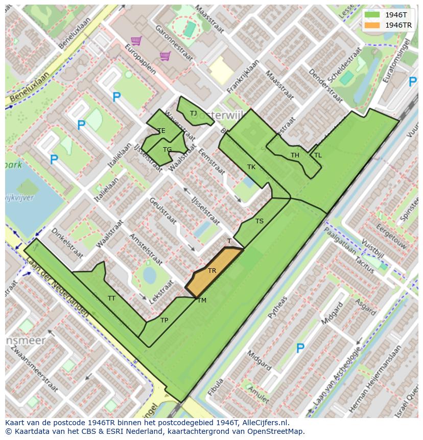 Afbeelding van het postcodegebied 1946 TR op de kaart.