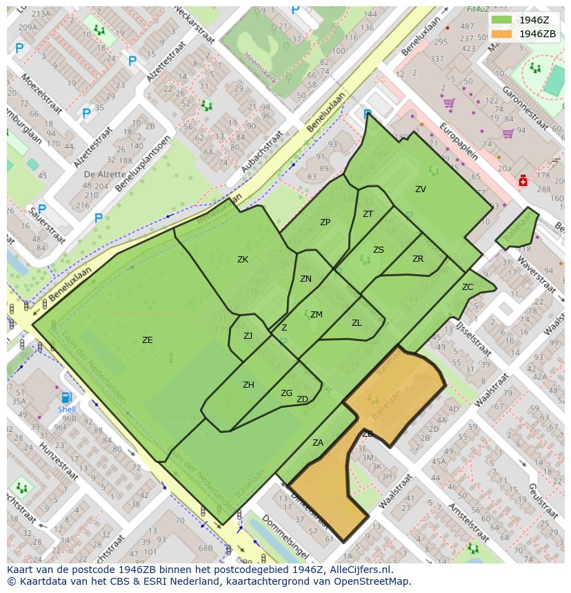 Afbeelding van het postcodegebied 1946 ZB op de kaart.