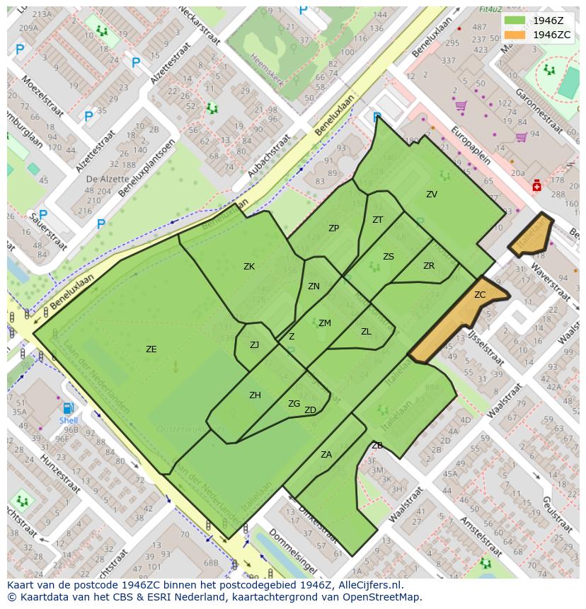 Afbeelding van het postcodegebied 1946 ZC op de kaart.
