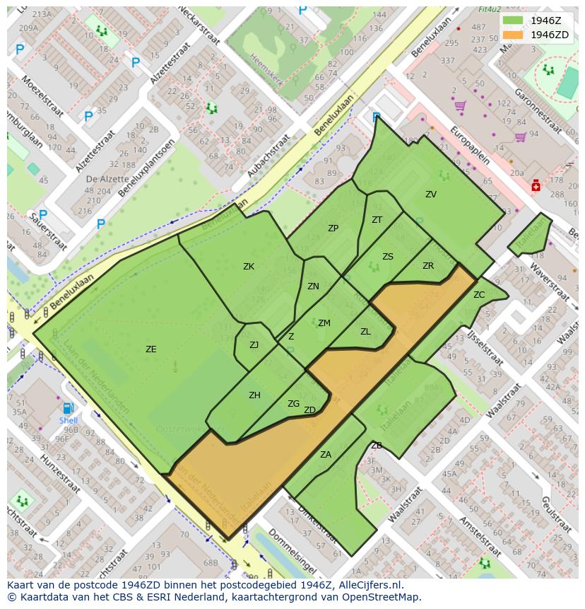 Afbeelding van het postcodegebied 1946 ZD op de kaart.