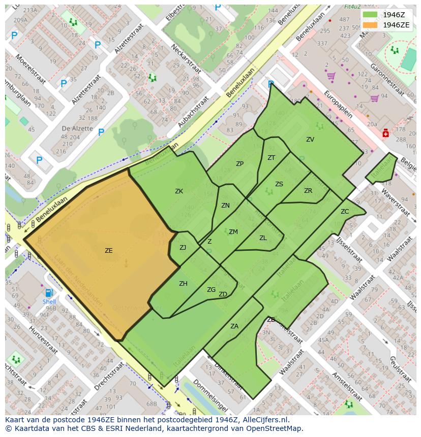 Afbeelding van het postcodegebied 1946 ZE op de kaart.