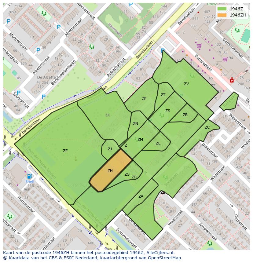 Afbeelding van het postcodegebied 1946 ZH op de kaart.