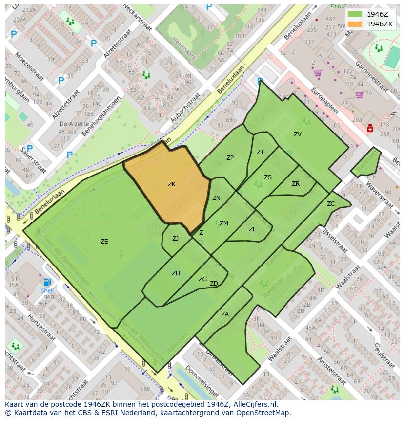 Afbeelding van het postcodegebied 1946 ZK op de kaart.