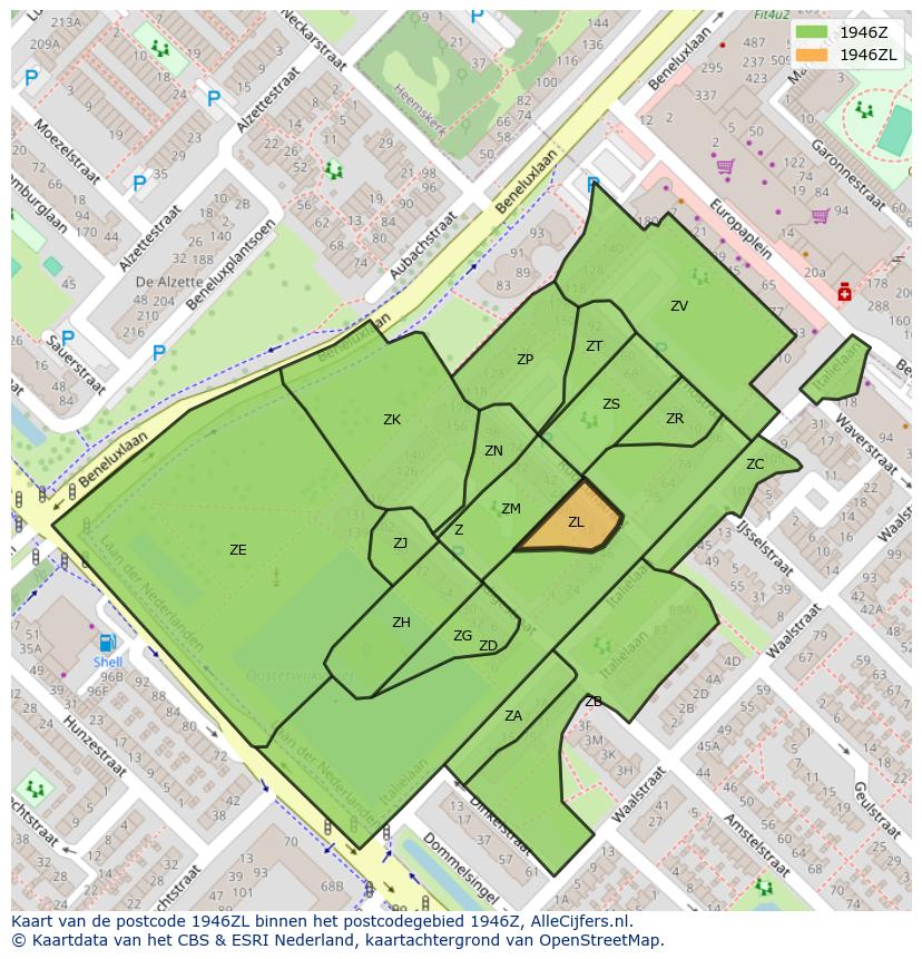 Afbeelding van het postcodegebied 1946 ZL op de kaart.