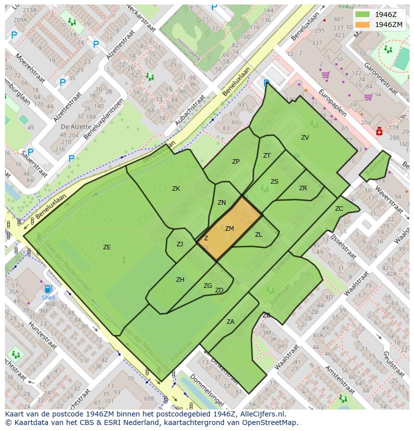 Afbeelding van het postcodegebied 1946 ZM op de kaart.