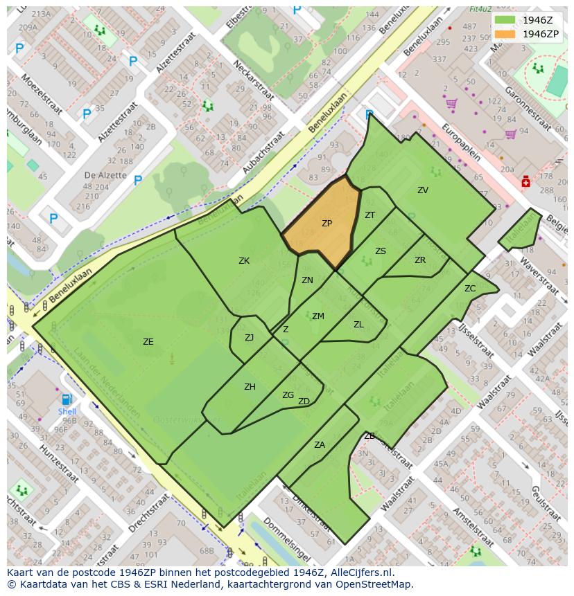 Afbeelding van het postcodegebied 1946 ZP op de kaart.