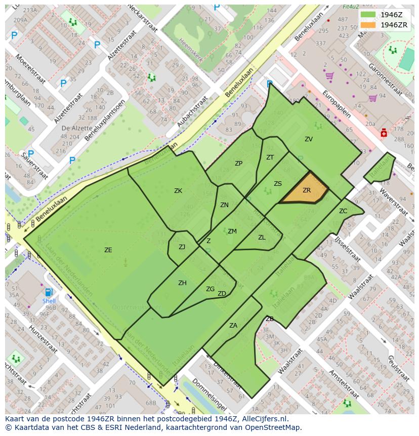 Afbeelding van het postcodegebied 1946 ZR op de kaart.