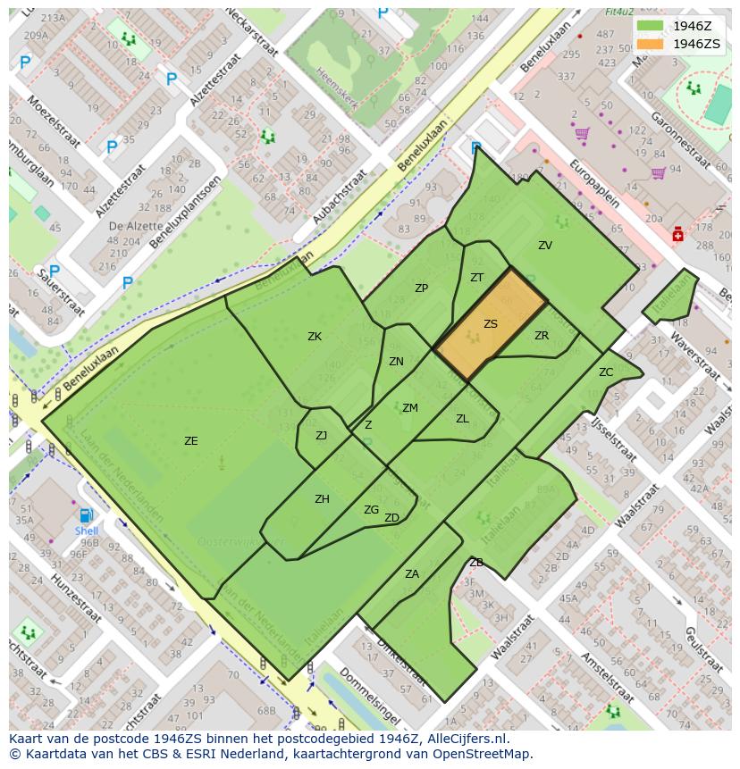 Afbeelding van het postcodegebied 1946 ZS op de kaart.